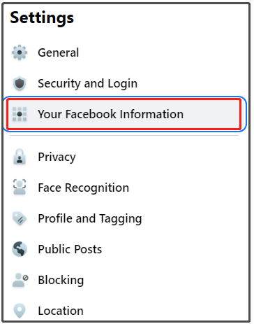 The Facebook Settings interface with the selected Your Facebook Information option.