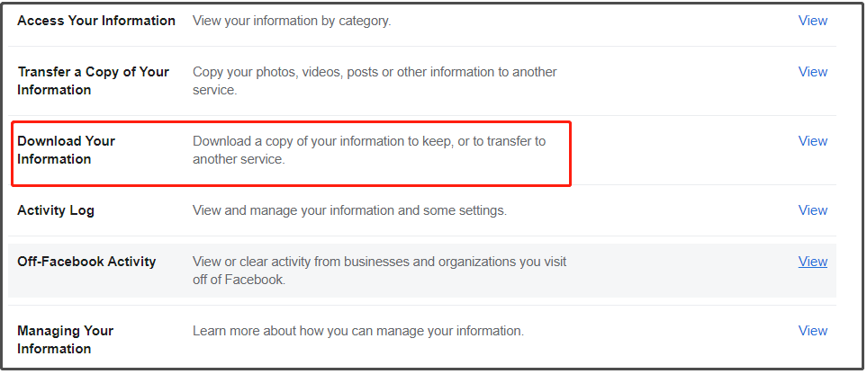 Click Your Facebook Information option.