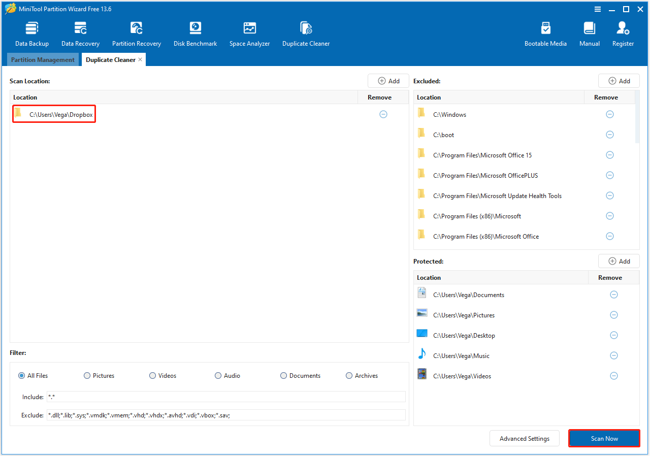 The MiniTool Partition Wizard interface with the Dropbox folder and the Scan now option selected.