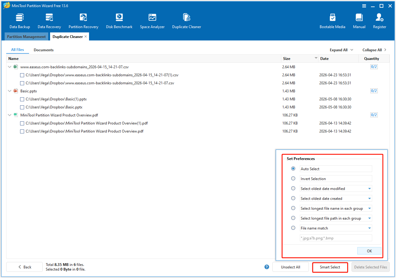 The MiniTool Partition Wizard interface with the Smart Select, and different selection methods options selected.