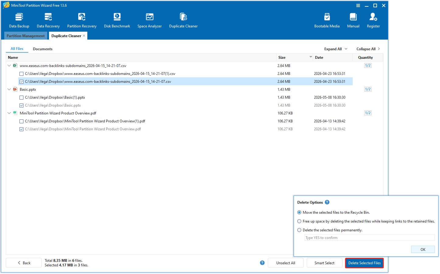 The Delete Selected Files option selected in the bottom right corner of the MiniTool Partition Wizard interface.