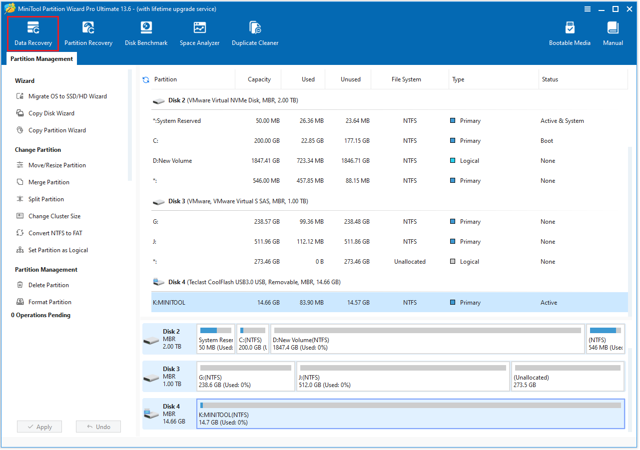 The MiniTool Partition Wizard interface with the selected Data Recovery feature.