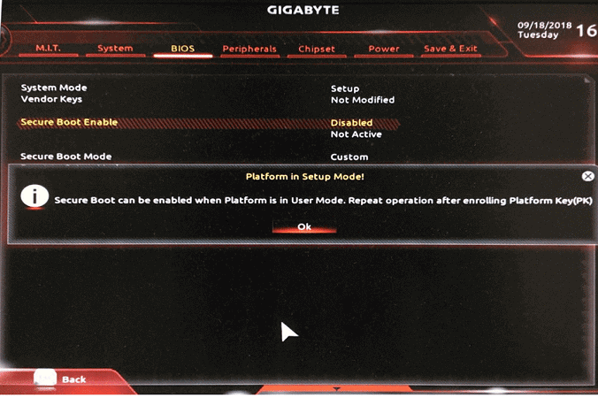 The picture showing the Secure Boot can be enabled when system in User Mode error.