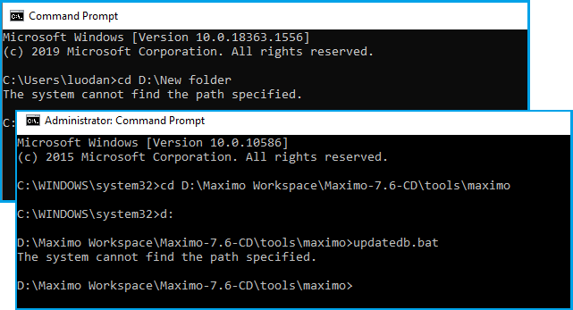 The Command Prompt window with the system cannot find the path specified error.