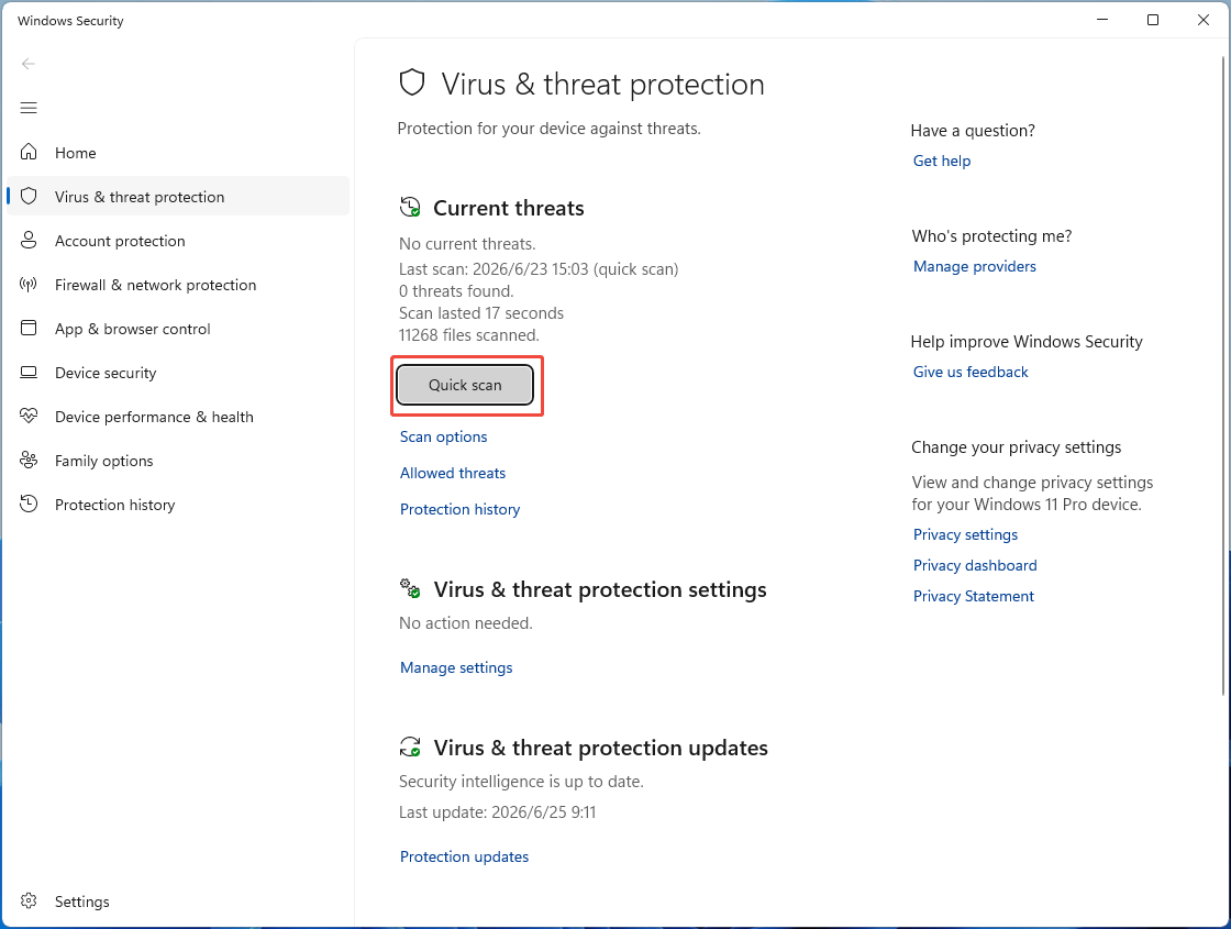 Windows Security window with the selected Quick scan button.