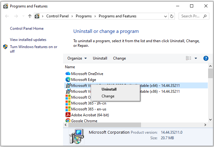 The Programs and Features interface with the selected Change option.