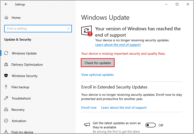 The Windows Update interface with the selected Check for updates.