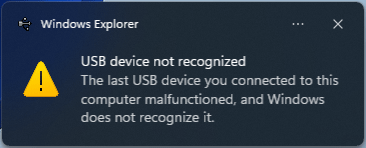 USB device not recognized error, the last USB device you connected malfunctioned.
