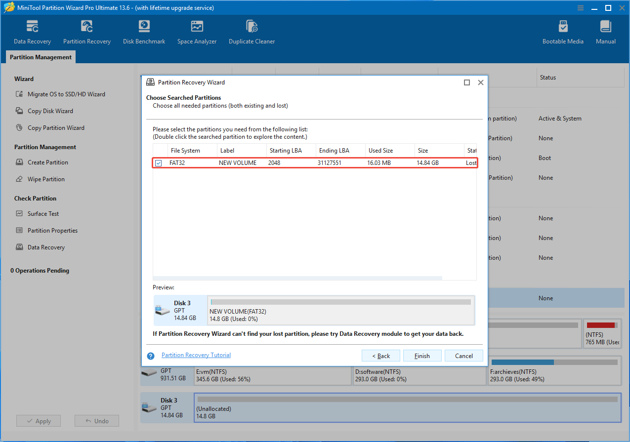 The MiniTool Partition Wizard interface with the Partition Recovery Wizard window showing the selected lost partition.