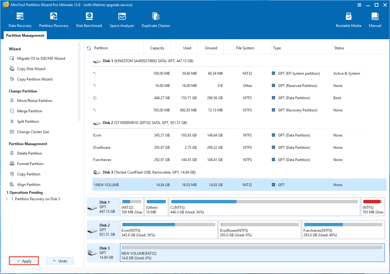 The MiniTool Partition Wizard interface with the selected Apply button.