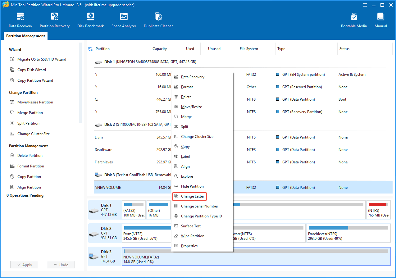 The MiniTool Partition Wizard interface with the selected Change Letter option.