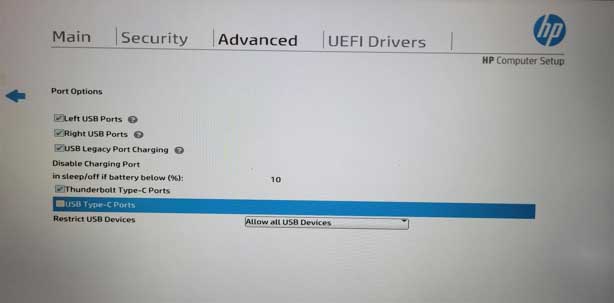 The enabled and disabled USB ports in HP BIOS.