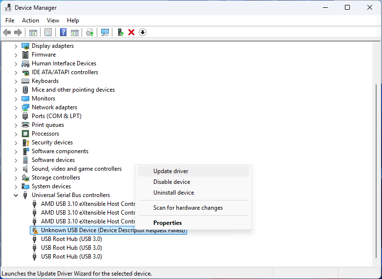 Device Manager interface with the selected Update driver option for the Unknown USB Device.