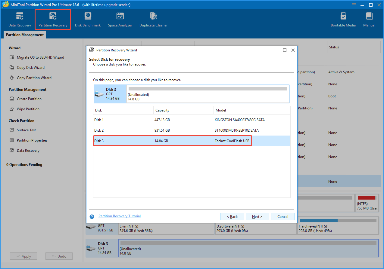 MiniTool Partition Wizard with the selected Partition Recovery feature.