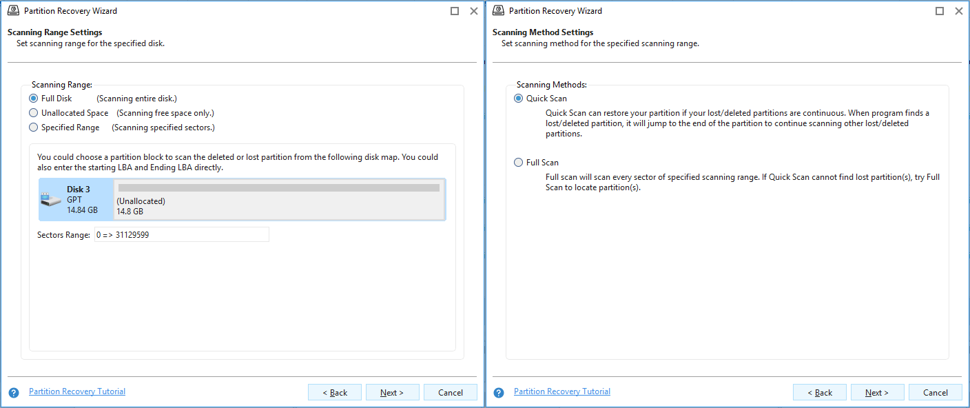 MiniTool Partition Wizard Partition Recovery Wizard window showing the scanning ranges and scanning methods.