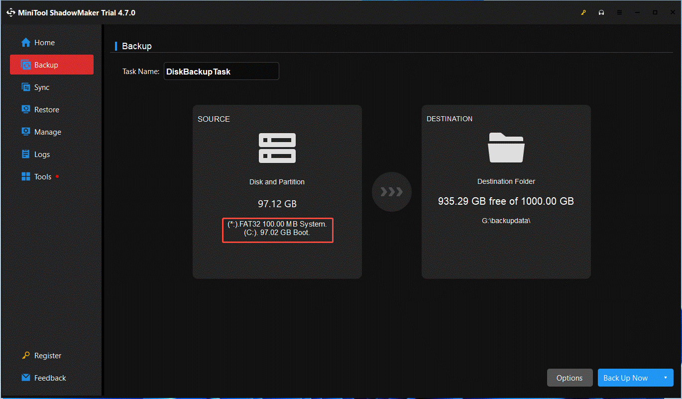 The MiniTool ShadowMaker interface with the source disk selected.