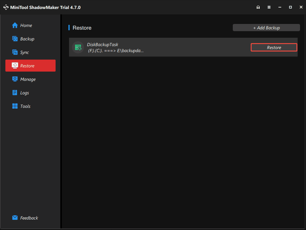 The MiniTool ShadowMaker interface with the Restore option selected.