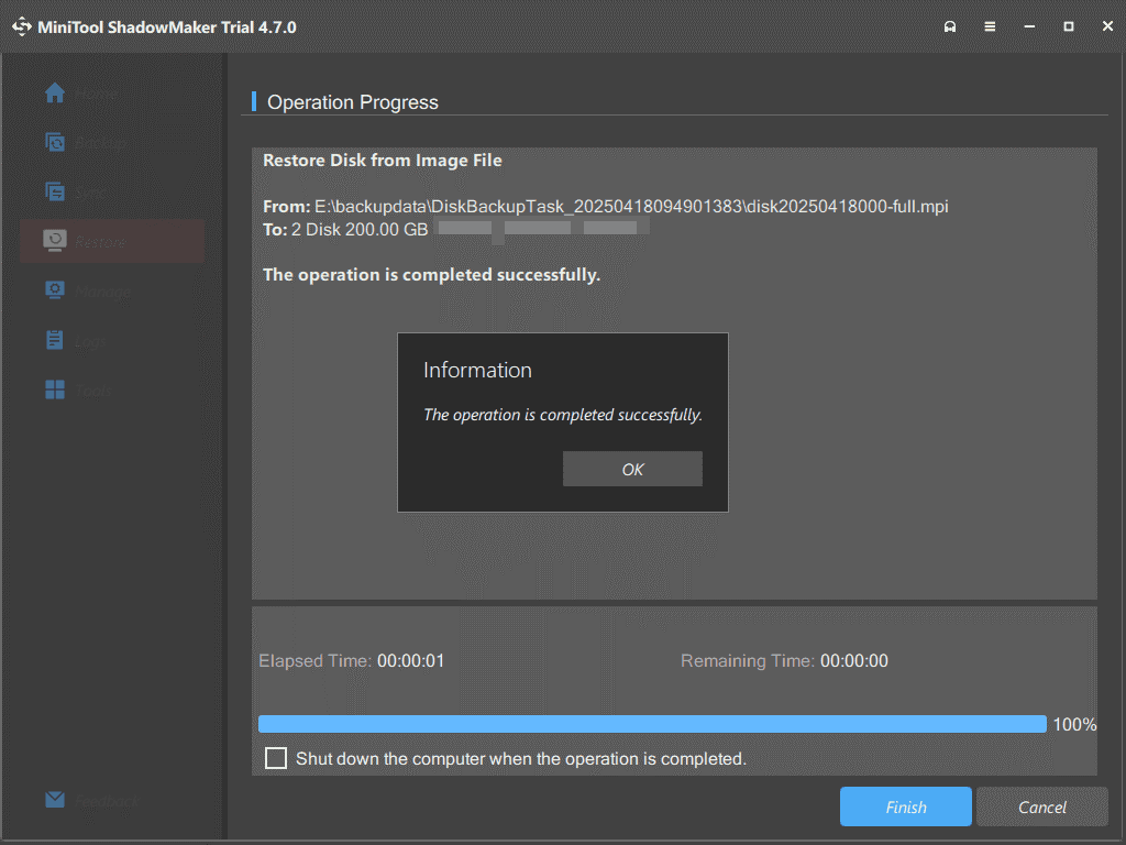 The MiniTool ShadowMaker interface with the operation success information shown.