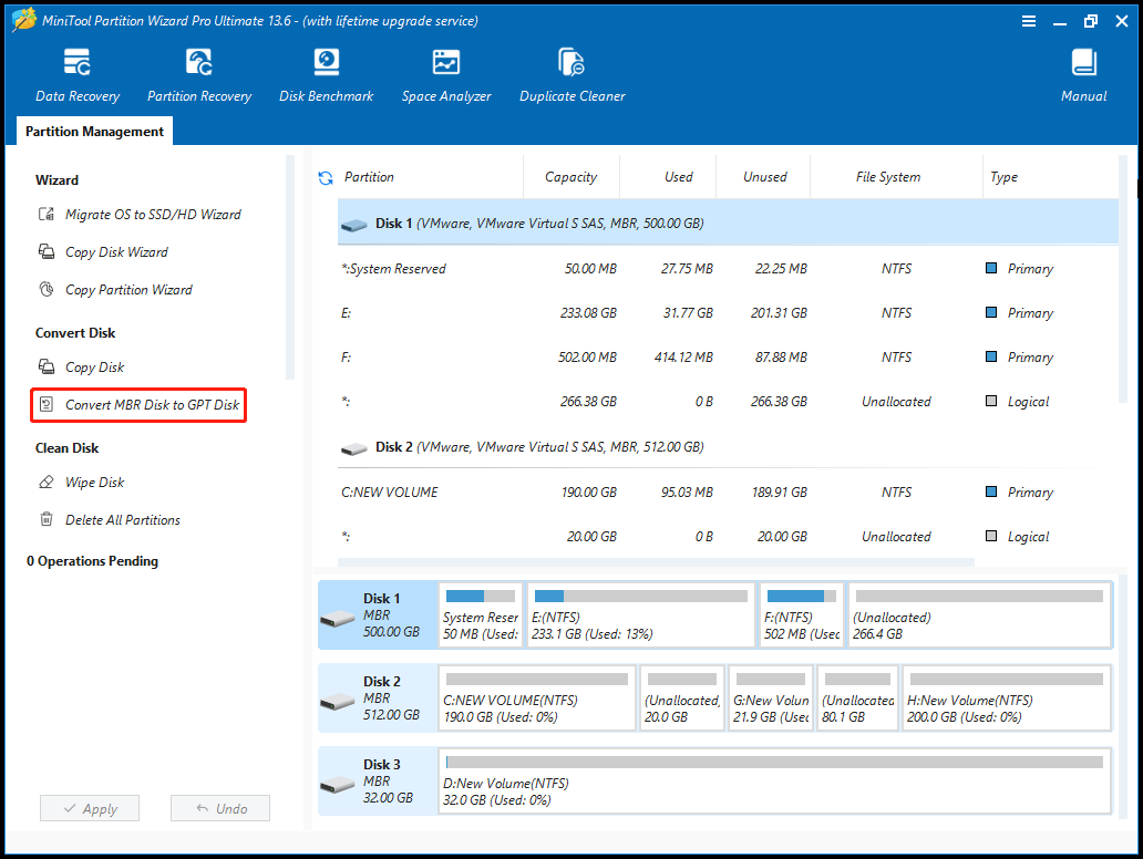 The bootable MiniTool Partition Wizard interface with the Convert MBR Disk to GPT Disk option selected.