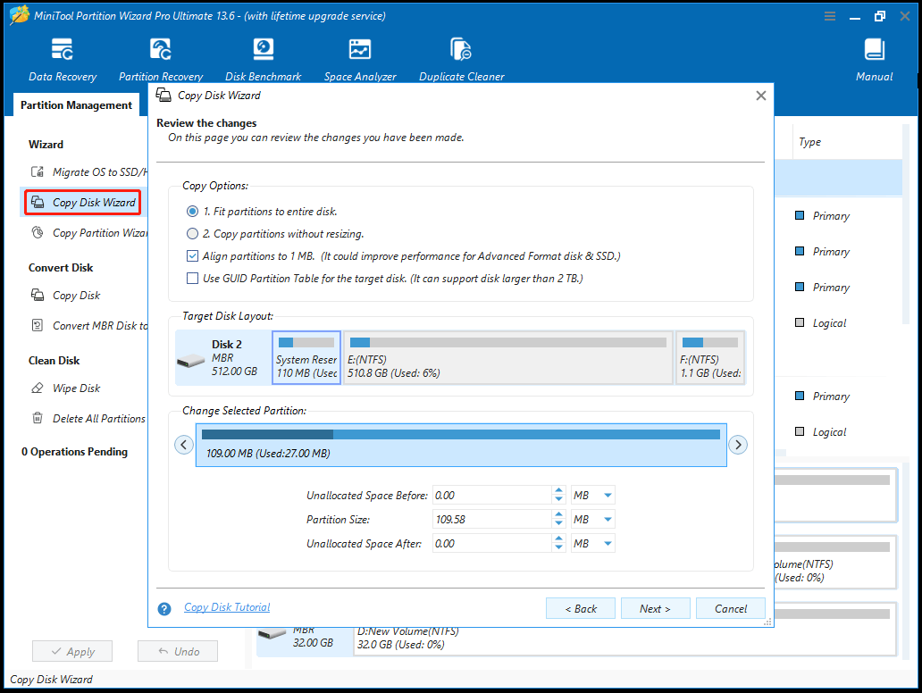 The MiniTool Partition Wizard bootable interface with the Copy Disk Wizard option selected.
