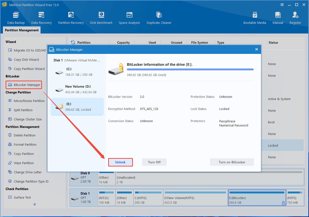 MiniTool Partition Wizard interface with the selected BitLocker Manager feature and the selected Unlock button.