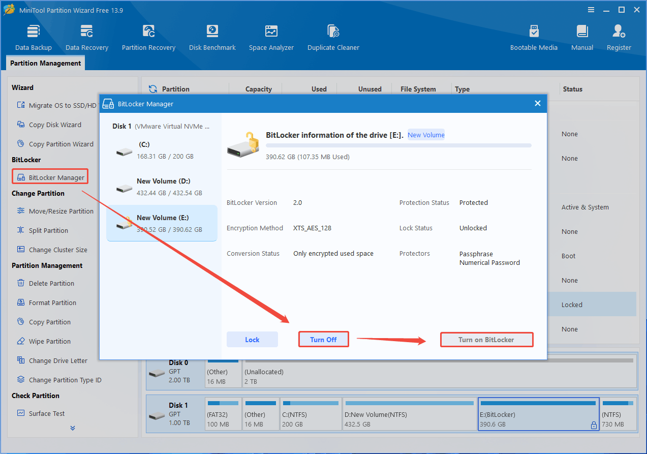 MiniTool Partition Wizard interface with the selected BitLocker Manager feature, Turn Off button, and the Turn on BitLocker button.