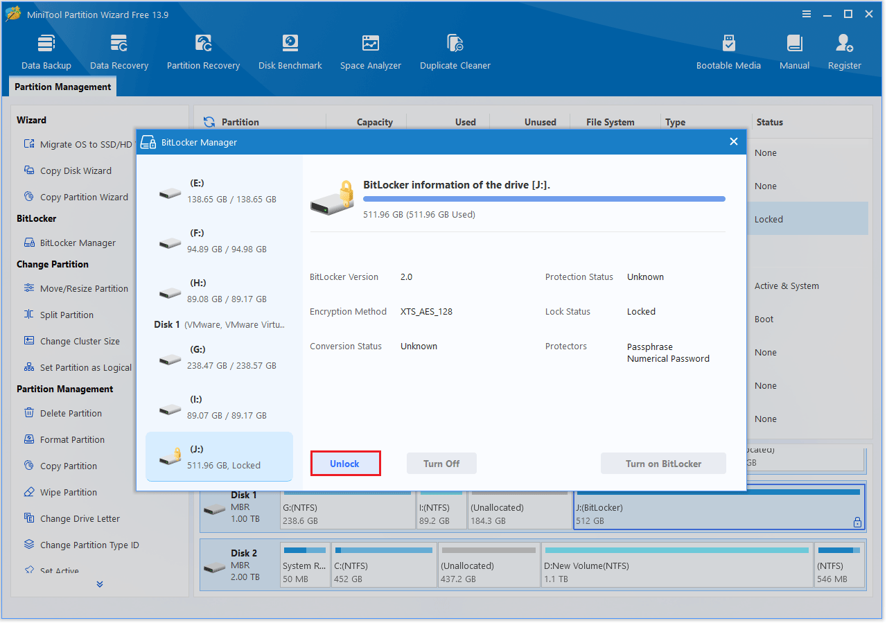 MiniTool Partition Wizard interface with BitLocker Manager window opened and the Unlock button highlighted.