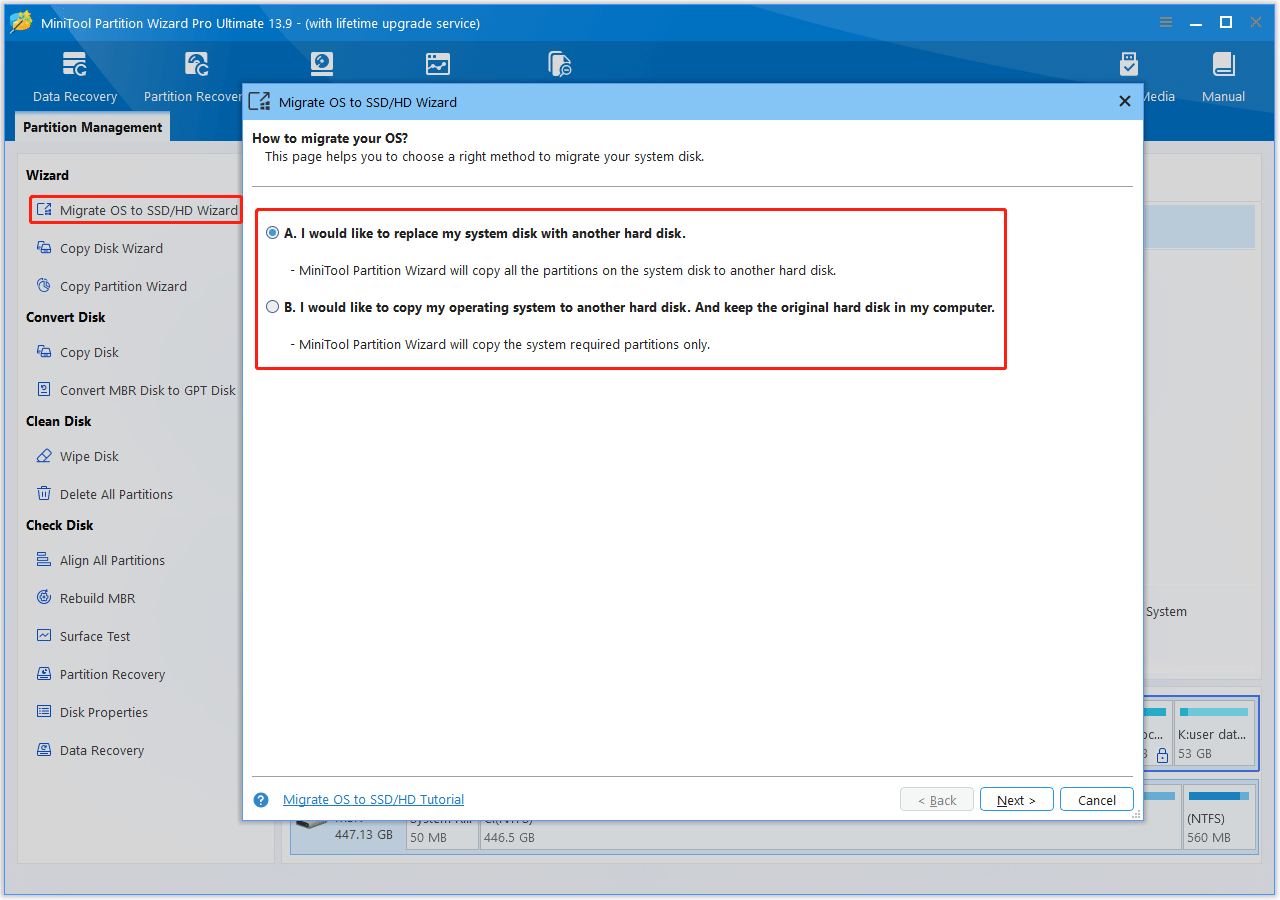 The MiniTool Partition Wizard interface with the Migrate OS to SSD HD Wizard and the migration methods shown.