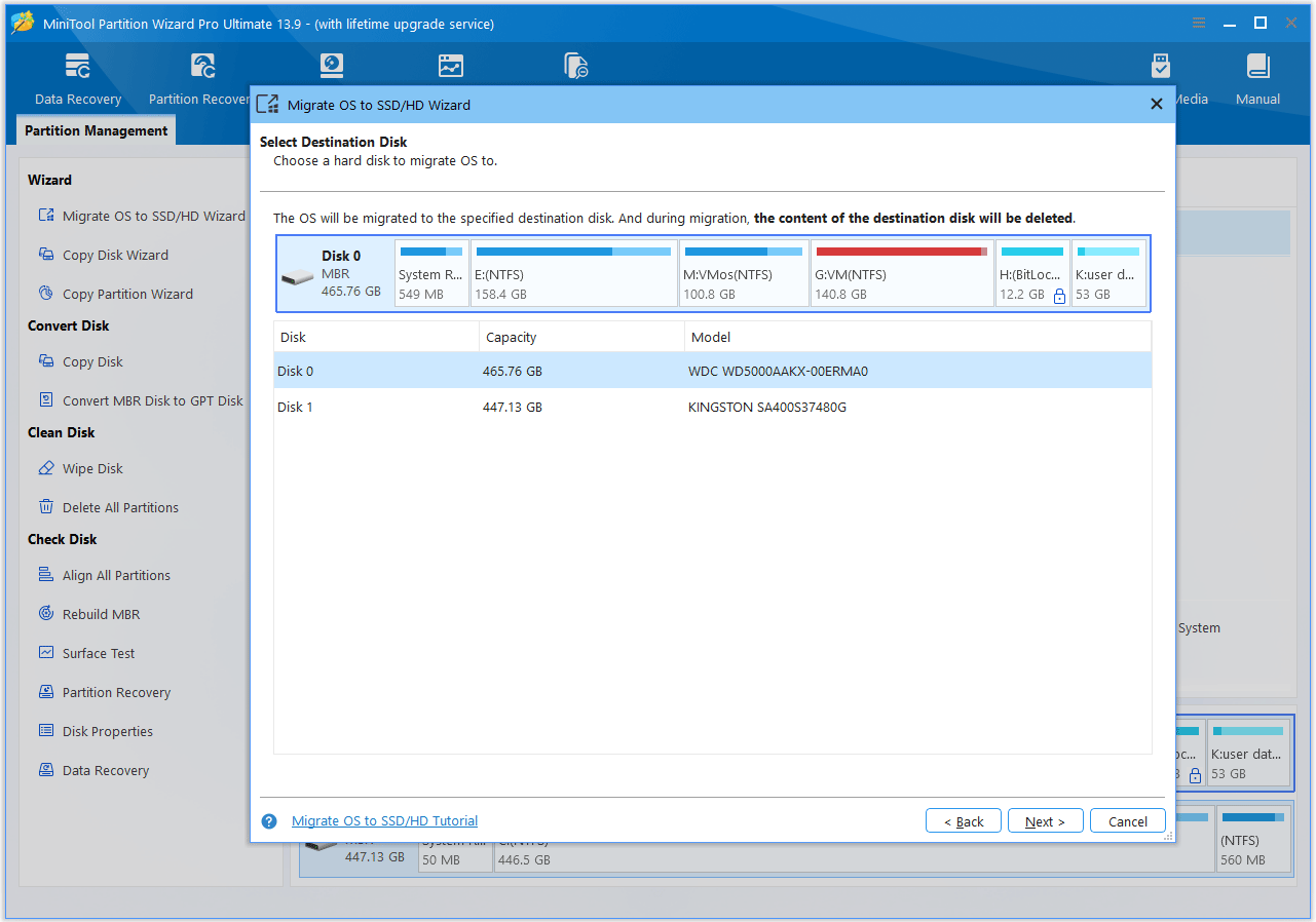 The MiniTool Partition Wizard interface with the destination disk selection window shown.