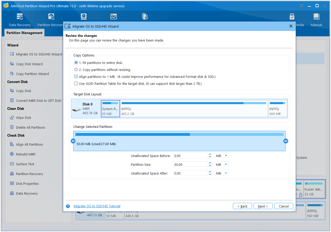 The MiniTool Partition Wizard interface with the Copy Options settings window shown.