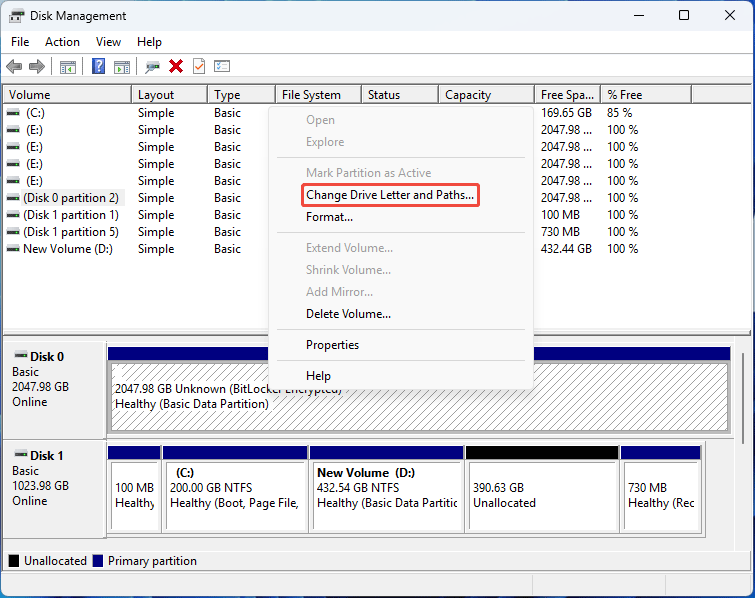 Disk Management interface with the selected Change Drive Letter and Paths option.