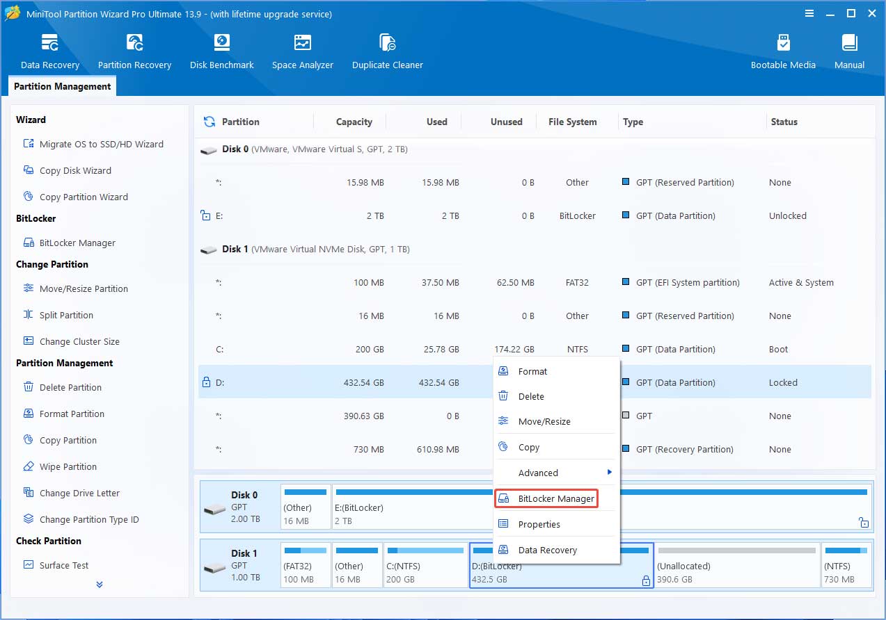 MiniTool Partition Wizard interface with the selected BitLocker Manager option.