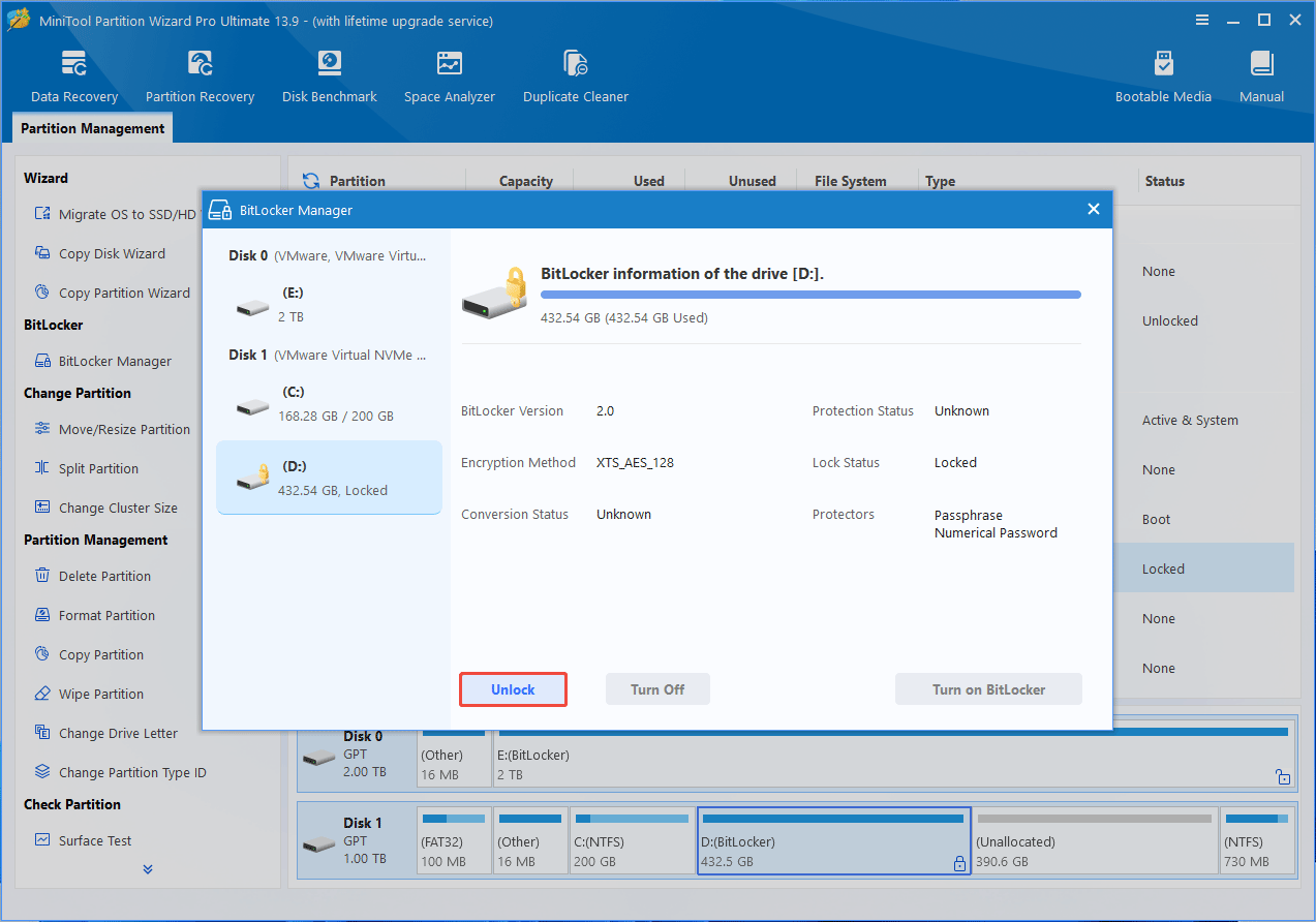 MiniTool Partition Wizard interface with the BitLocker Manager window and the selected Unlock button.
