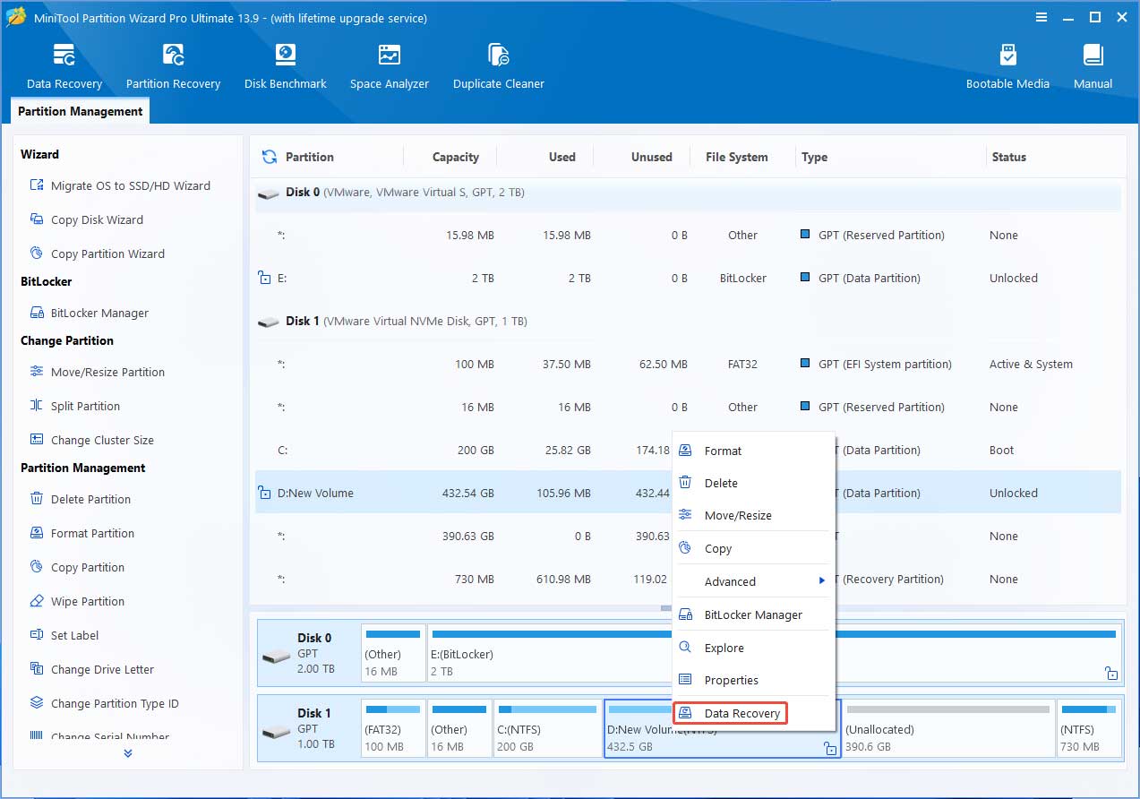 MiniTool Partition Wizard interface with the selected Data Recovery feature in right click menu.
