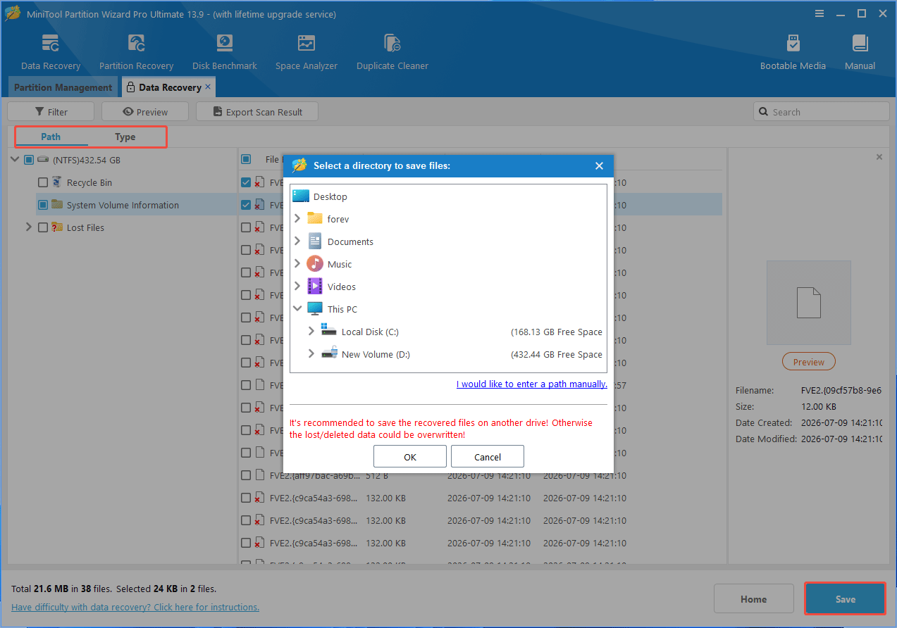 MiniTool Partition Wizard interface Data Recovery tab with a window allowing you to select a location to store recovered files.