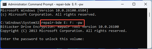 Command Prompt window with the repair bde command.