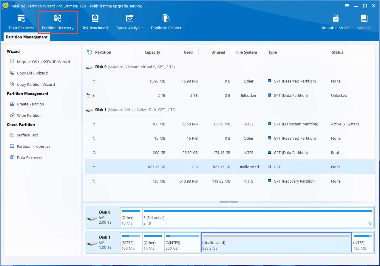 MiniTool Partition Wizard interface with the selected Partition Recovery feature.