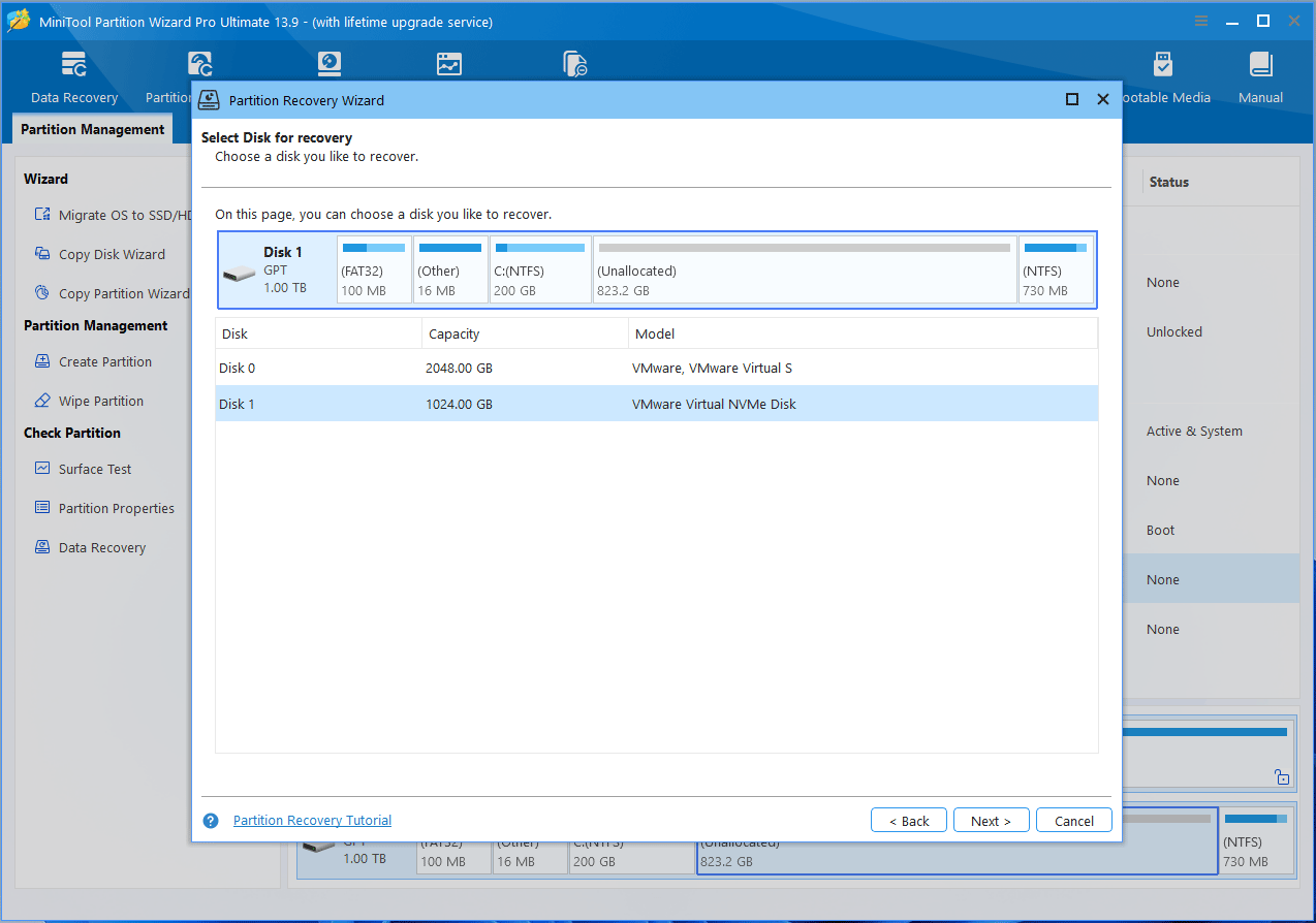 MiniTool Partition Wizard interface with the Partition Recovery Wizard window asking you to select a disk for recovery.