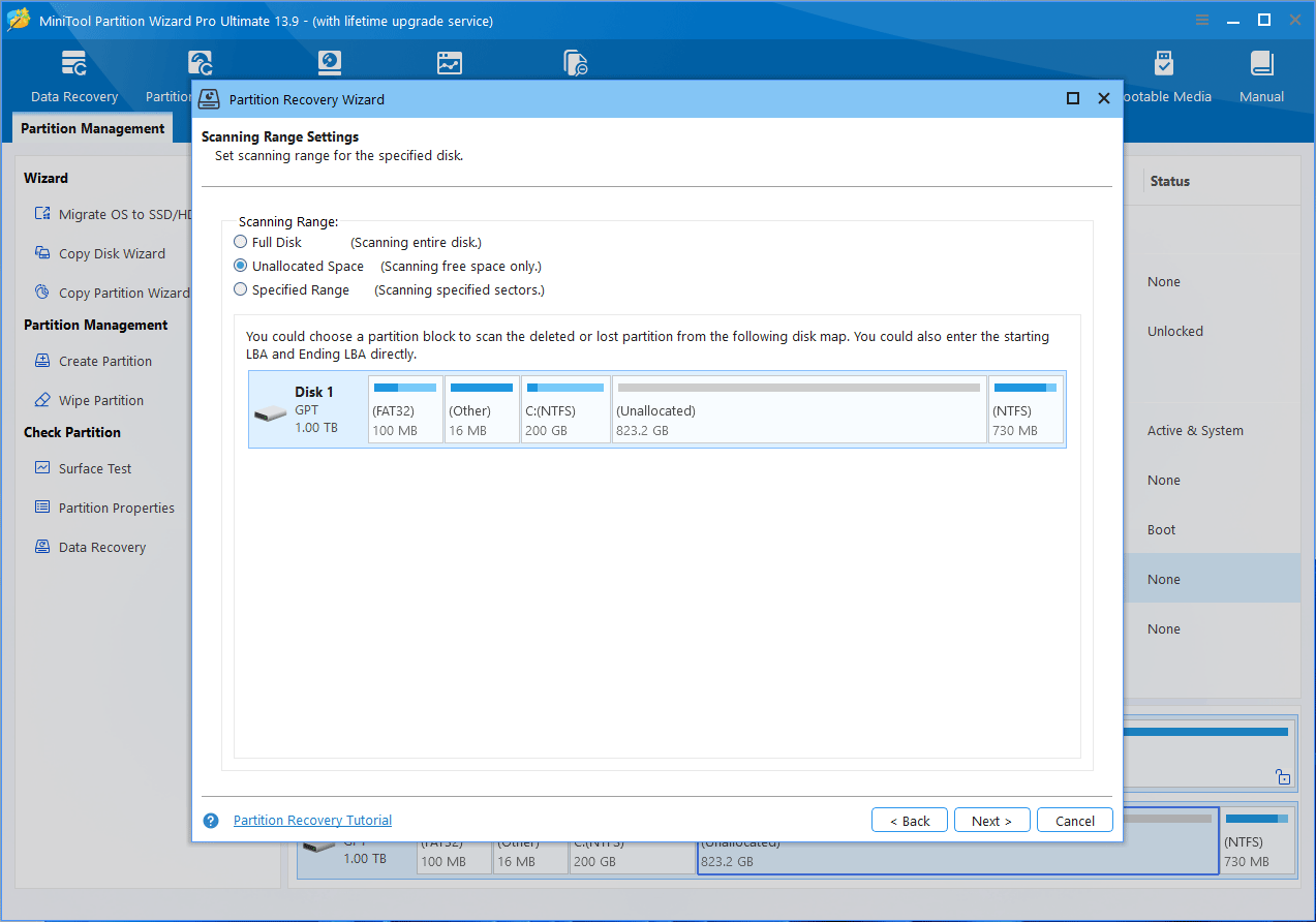 MiniTool Partition Wizard interface with the Partition Recovery Wizard window asking you to select the scanning range.
