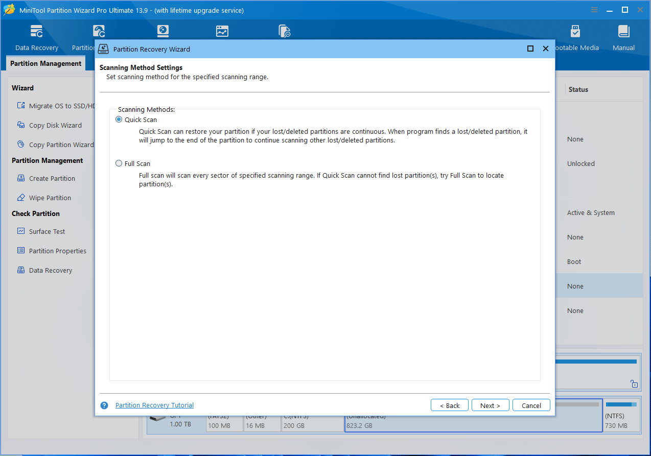 MiniTool Partition Wizard interface with the Partition Recovery Wizard window asking you to select a scanning method.