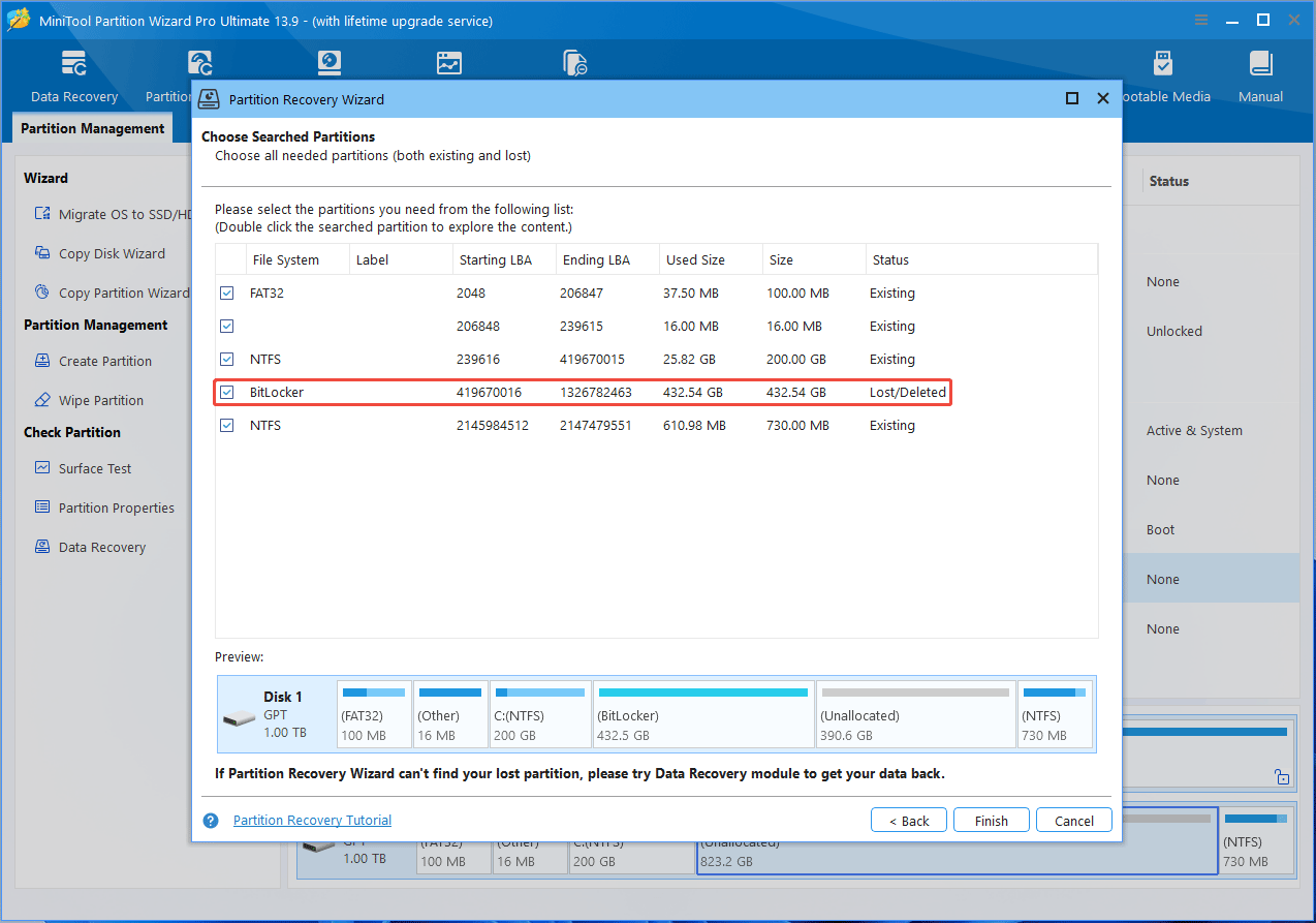 MiniTool Partition Wizard interface with the Partition Recovery Wizard window asking you to choose the lost partitions.