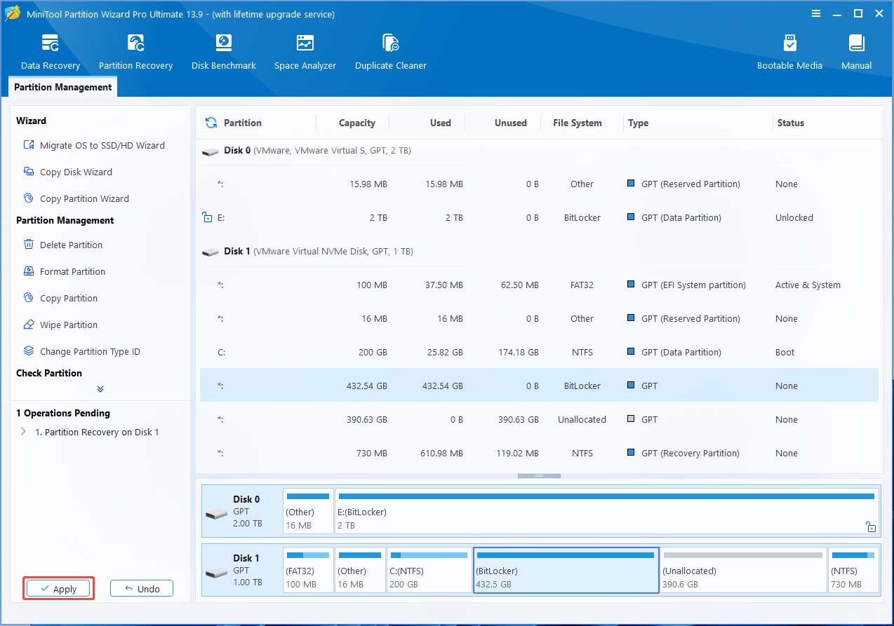 MiniTool Partition Wizard interface with the selected Apply button.