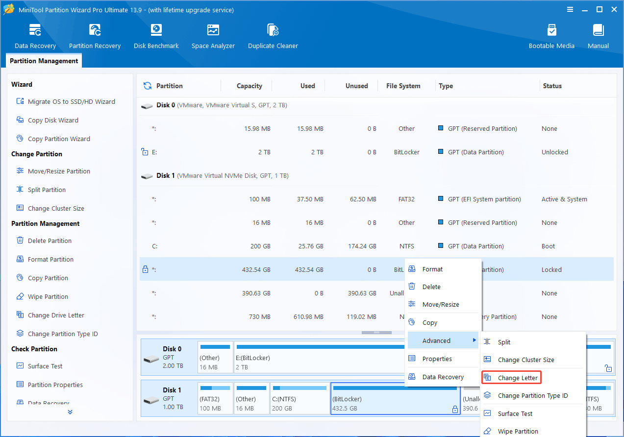 MiniTool Partition Wizard interface with the selected Change Letter option.