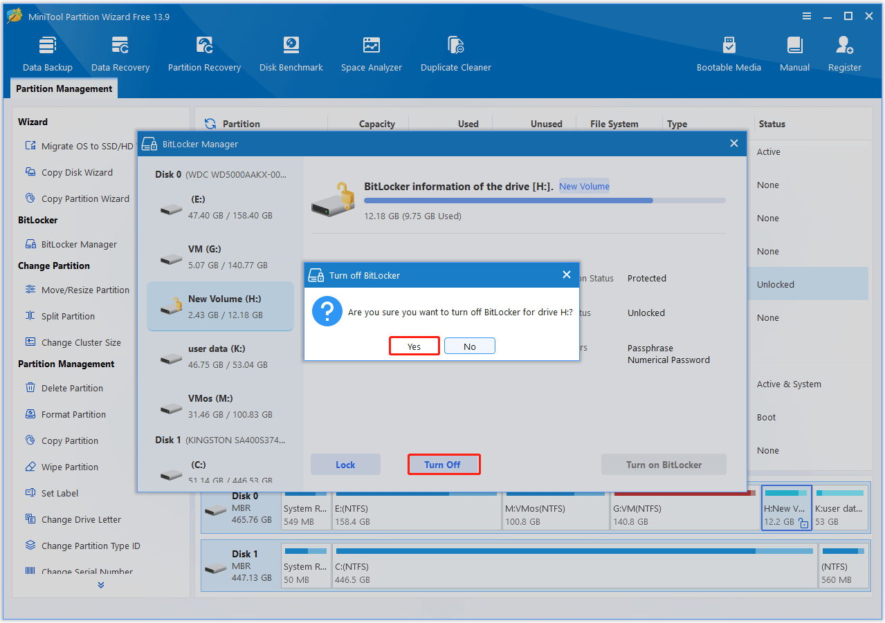 MiniTool Partition Wizard interface with BitLocker Manager window for confirming turning off BitLocker operation.