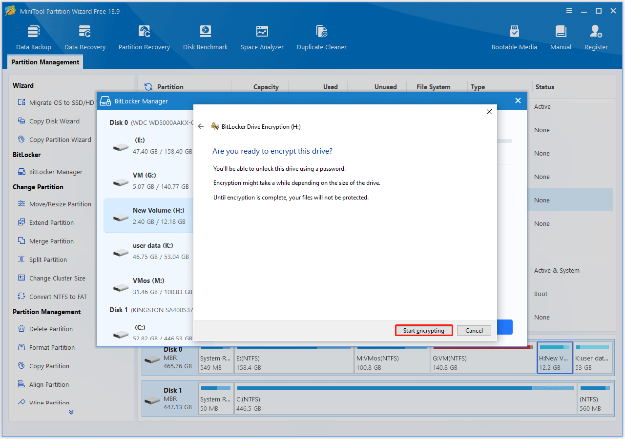 The BitLocker Drive Encryption window where the Start encrypting button is highlighted.