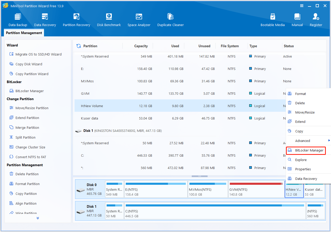 MiniTool Partition Wizard interface with BitLocker Manager from the right click menu selected for the highlighted drive.