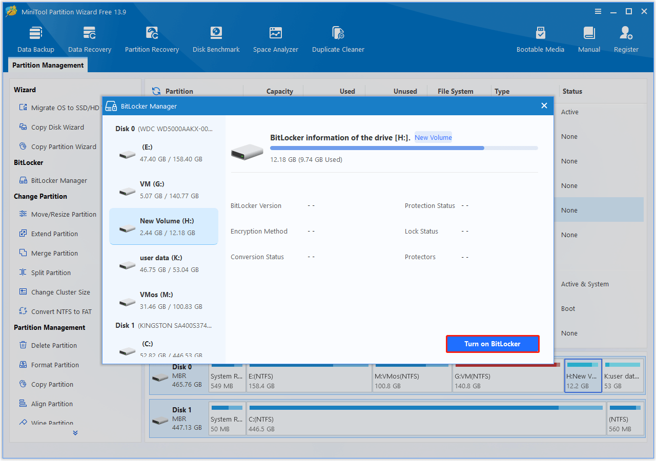 MiniTool Partition Wizard interface with BitLocker Manager window opened, and the Turn on BitLocker button highlighted.