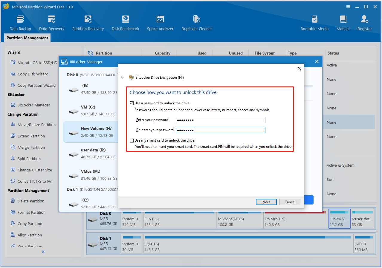 The BitLocker Drive Encryption window where to choose a method to unlock the drive.