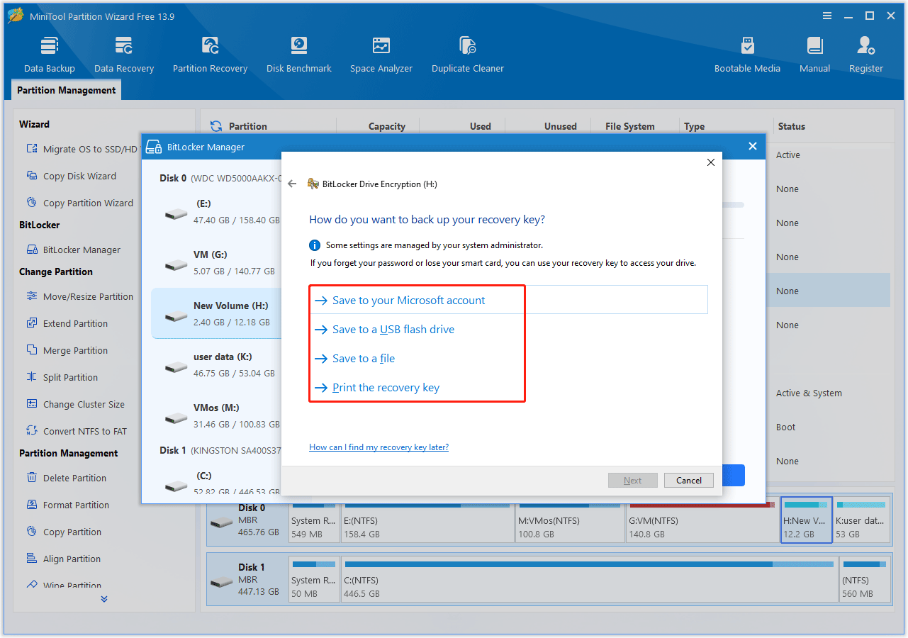 The BitLocker Drive Encryption window where to choose a method to save the recovery key.
