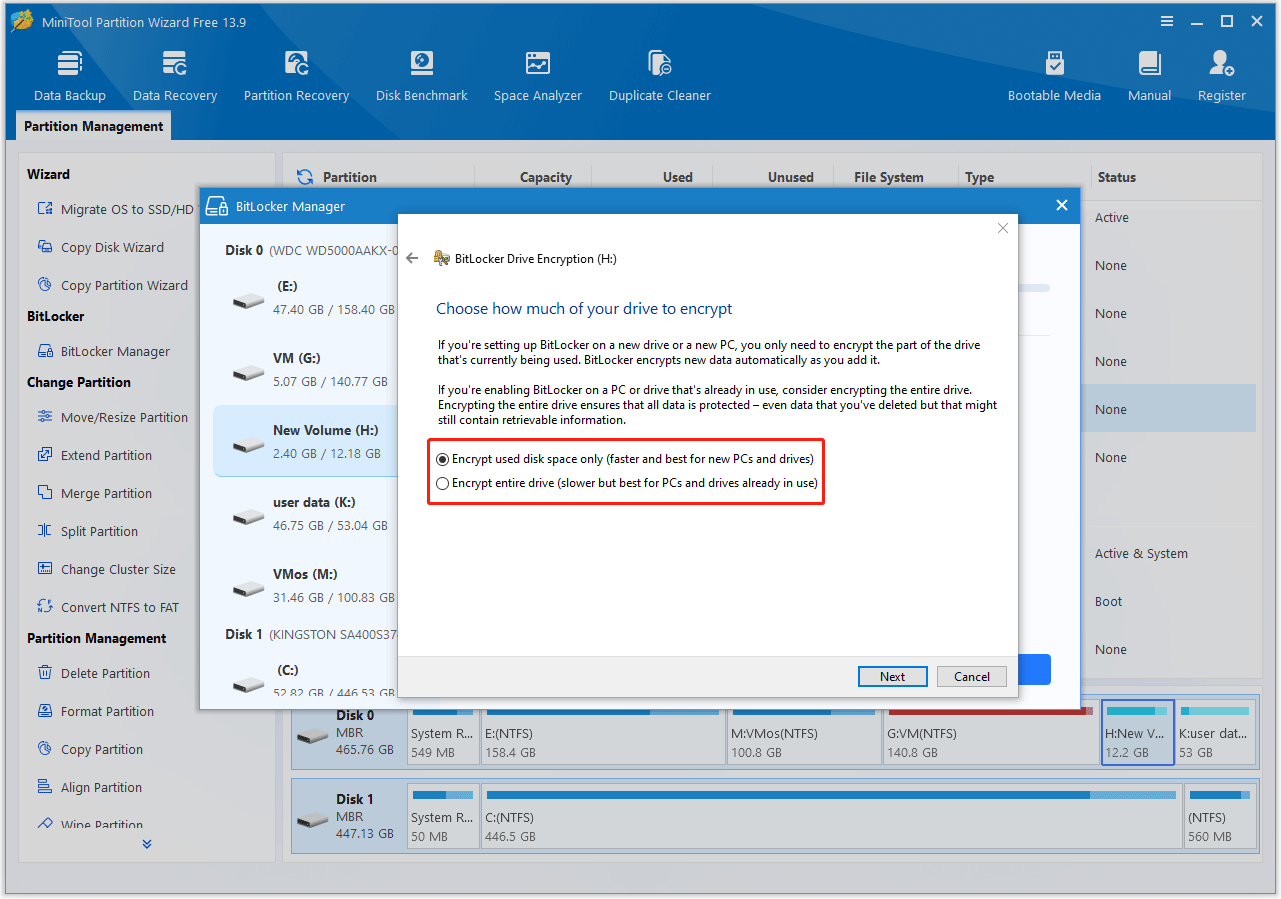 The BitLocker Drive Encryption window where to choose how much of the drive to encrypt.